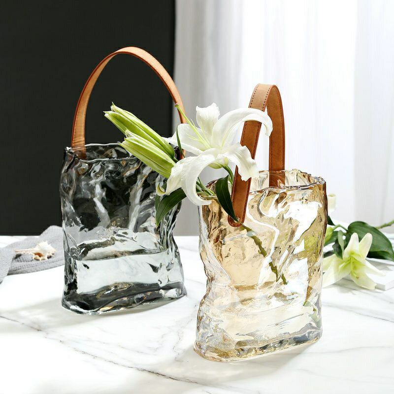 【優選百貨】透明花瓶 花器 ins風高顏值 手提包插花水養玻璃花瓶 客廳高檔上檔次新款擺件