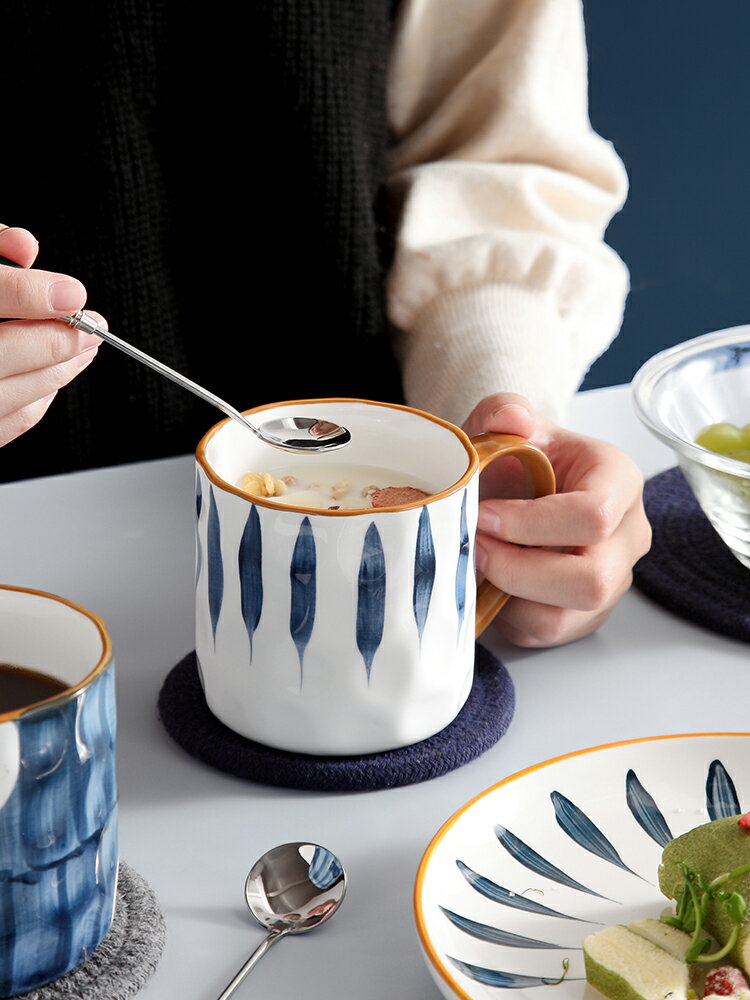 日式馬克杯陶瓷杯水杯 早餐杯牛奶杯帶蓋帶把杯子帶勺咖啡杯陶瓷