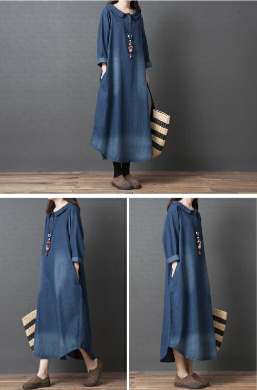 韓版女裝 牛仔連衣裙 連身裙 女裙 外出洋裝 長版 襯衫領 櫻桃嚴選 1