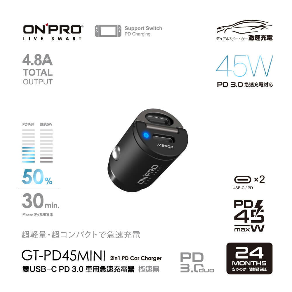 【4%點數】ONPRO GT-PD45MINI PD3.0 45W超急速車用充電器