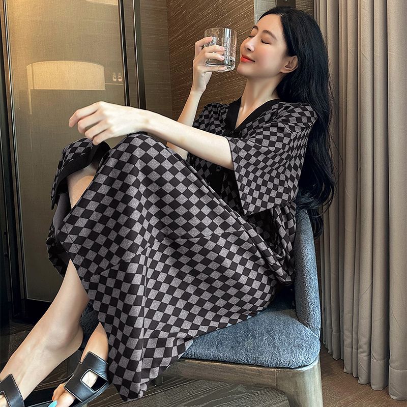 睡衣睡裙女中長款莫代爾短袖格子高級感家居服夏天新款【倪醬】