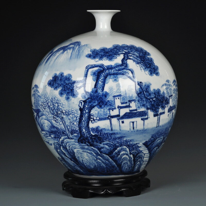景德鎮陶瓷器吳文瀚手繪青花山水陶瓷花瓶中式擺件客廳裝飾工藝品