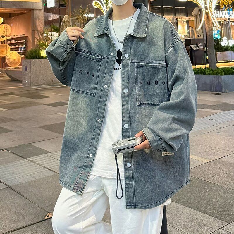 2024春秋季新款翻領做舊水洗牛仔外套時尚簡約潮流襯衫男士夾克韓-貼心家居