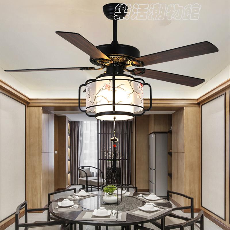 跨境木質木葉風扇燈復古美式吊扇燈新中式客廳餐廳臥室風扇吊燈110V