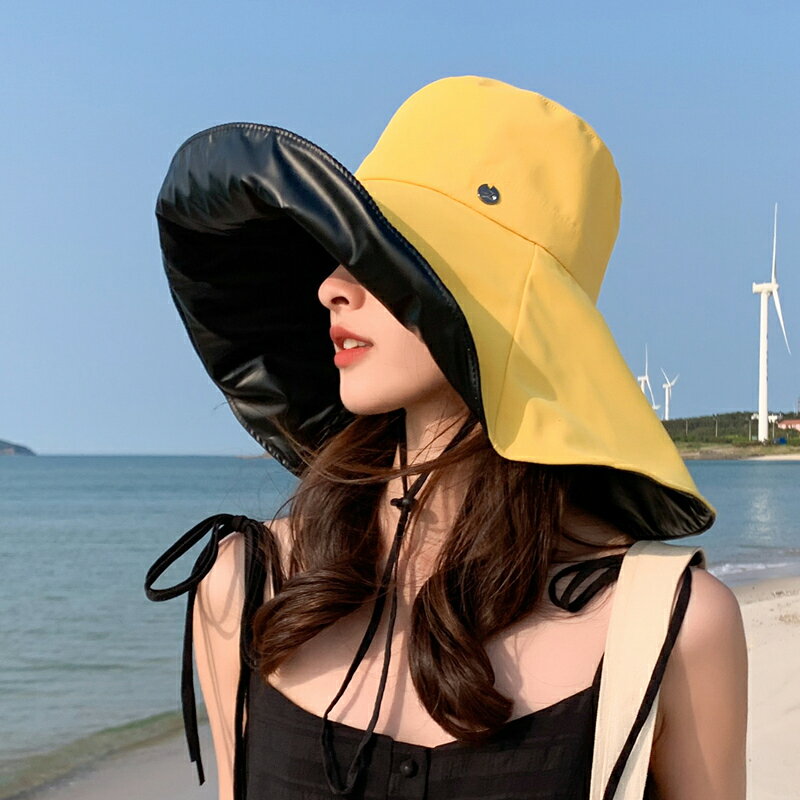 漁夫帽子女夏天防紫外線黑膠超大帽檐防曬遮陽帽遮臉太陽帽可折疊
