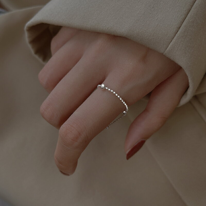 925純銀小圓珠戒指女小眾設計食指戒時尚個性冷淡風抽拉調節尾戒