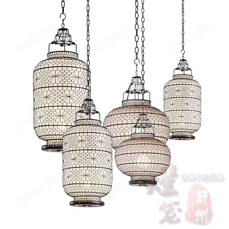 新中式燈籠手工編織宮燈古典吊燈仿古會所復古餐廳鐵藝帶花燈定製