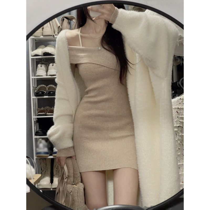 針織開衫兩件套外套+長袖斜肩包臀針織連衣裙裝秋冬針織軟糯毛衣【聚寶屋】【淘夢屋】