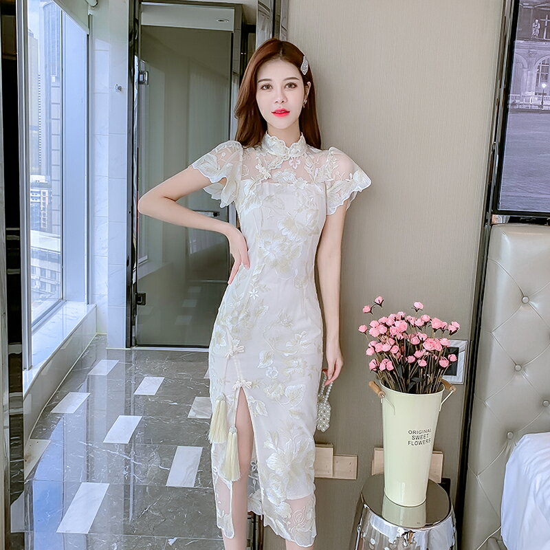改良旗袍年輕少女刺繡夏季新款法式復古中國風短袖連衣裙子