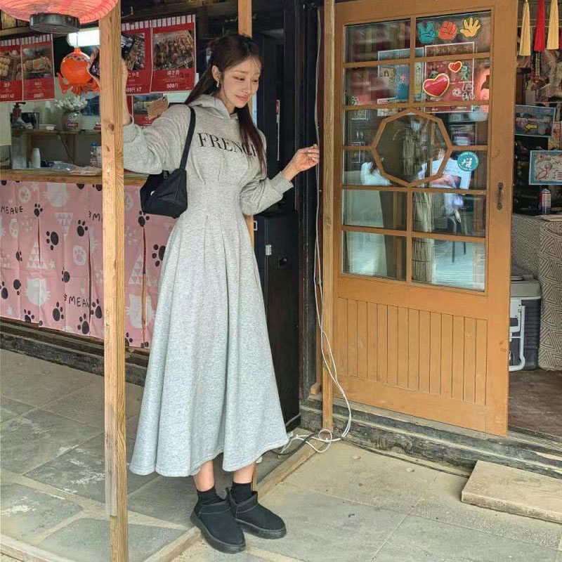 ANNAS 正韓字母連帽刷毛洋裝 腰身 縮腰 打折 長袖 長裙 長洋裝 連身裙 顯瘦 棉質 保暖 刷絨 韓國 8