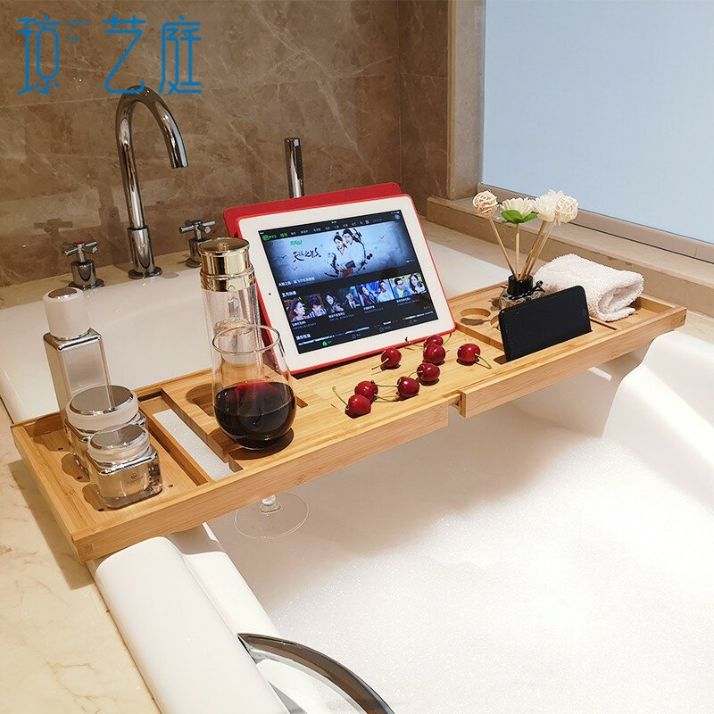 浴缸架 泡澡架 置物架 庭浴缸架竹製歐式伸縮止滑泡澡平板手機架ins輕奢浴缸置物架『KLG1480』