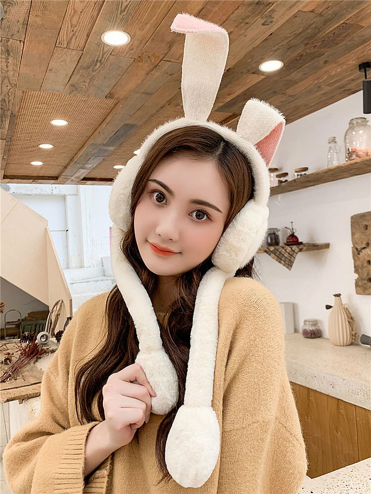 新款捏耳會動耳朵耳捂子冬天加厚保暖仿兔毛白色小白兔子耳罩女生1入
