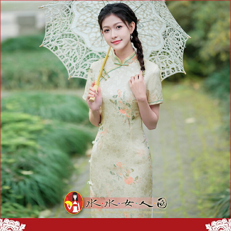 新款夏春季古典花羅雙層改良旗袍復古中國風少女年輕中長款改良走秀連衣裙洋裝-淡玉-水水女人國