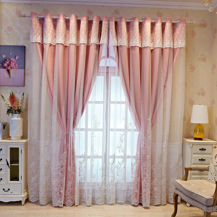 窗簾雙層布紗一體公主風粉色簡約現代客廳臥室遮光定制成品網紅