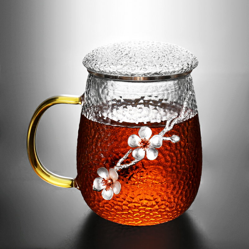 錘紋透明玻璃杯過濾泡茶杯子茶水分離帶蓋帶把家用耐熱辦公水杯子