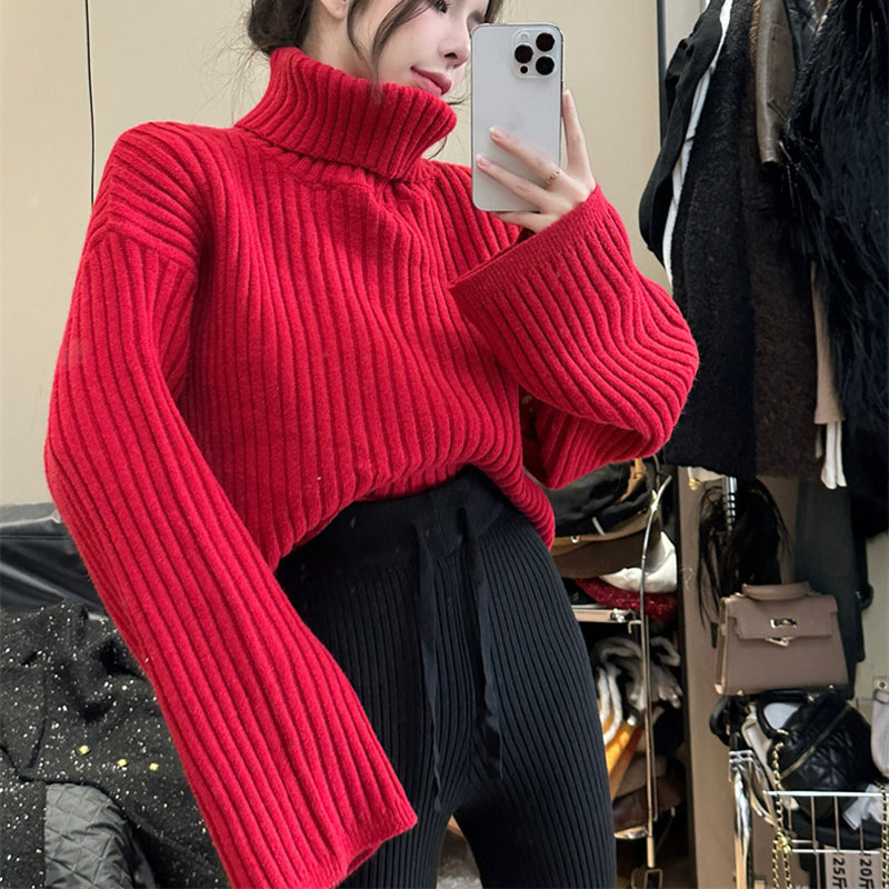 ANNAS 大紅色高領毛衣 紅色針織衫 寬鬆慵懶坑條毛衣 粗針織 紅色毛衣 過年 喜氣 新年 2024龍年 4