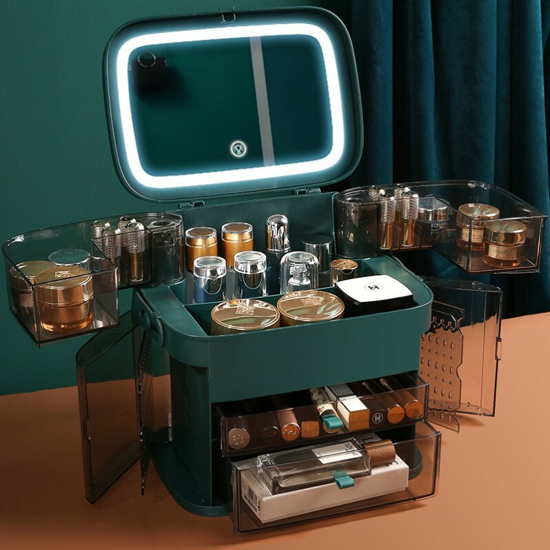 網紅化妝收納盒防塵大容量桌麵帶鏡首飾一體 置物架