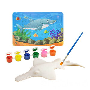 DIY彩繪上色海洋動物模型+拼圖(附顏料筆刷調色盤)(隨機)(3入裝)【888便利購】