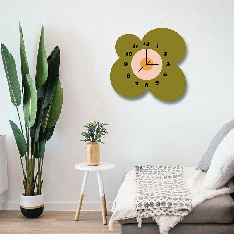 現代簡約綠色花朵創意卡通裝飾 掛牆鐘錶 客廳靜音個性掛鐘 壁鐘