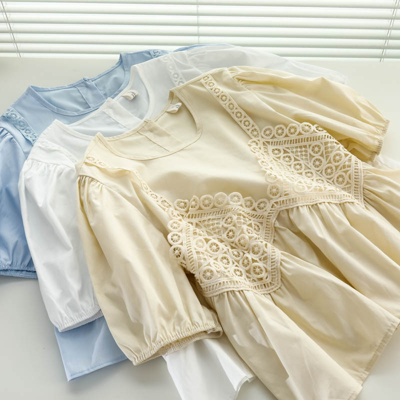泡泡袖襯衫女夏季法式設計感小眾蕾絲吊帶拼接假兩件甜美短款上衣