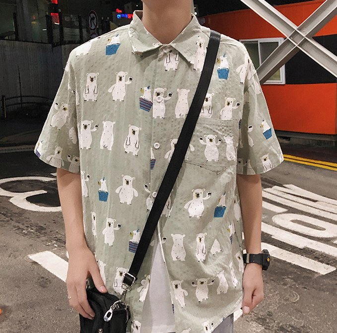FINDSENSE H1 2018 夏季 新款 男 韓國 卡通印花 情侶 寬鬆 短袖 襯衫 潮上衣