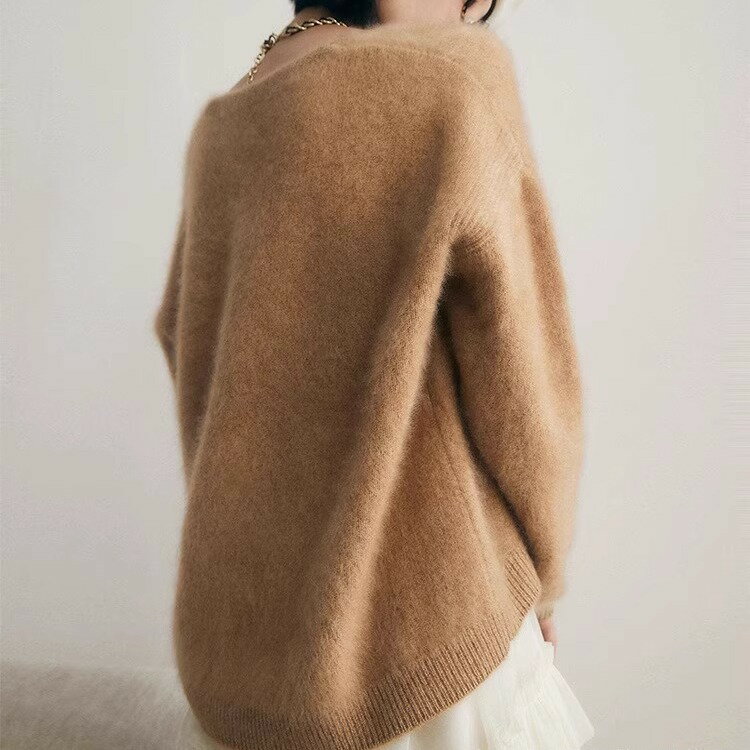 女裝 女上衣 女裝 衣服 毛衣 寬鬆上衣  高階感軟糯仿水貂絨v領毛衣女秋冬季時尚慵懶風奶fufu針織衫上衣 治裝激推 2