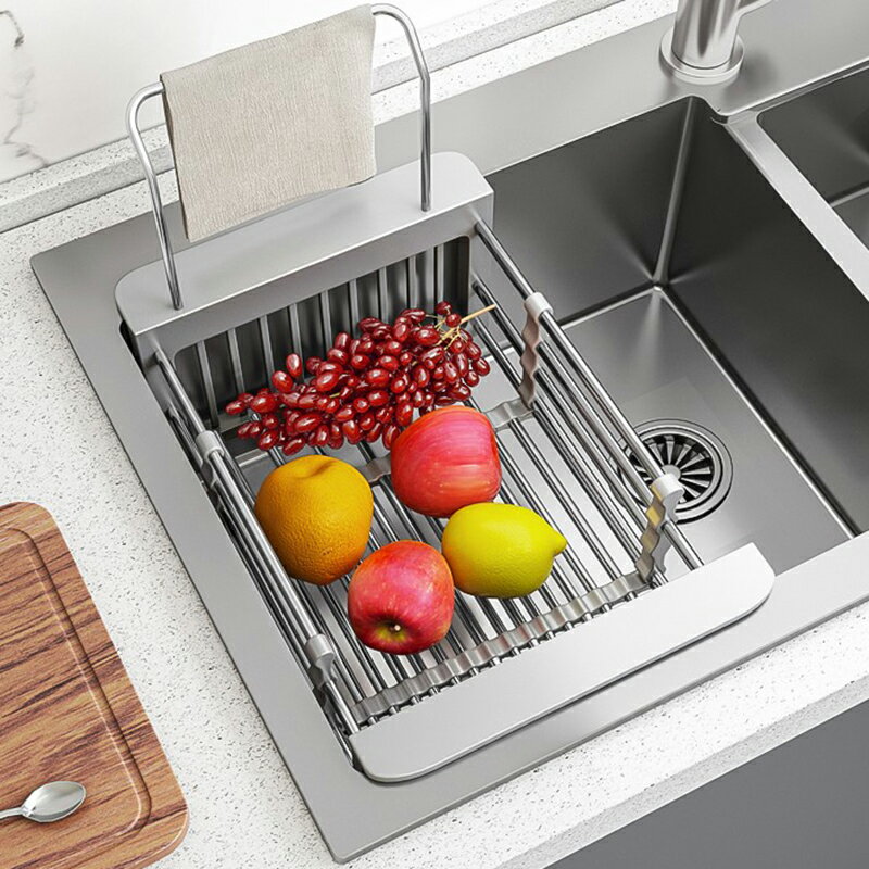 可伸縮廚房水槽置物架瀝水架家用洗菜盆收納架洗碗池瀝水籃濾水籃