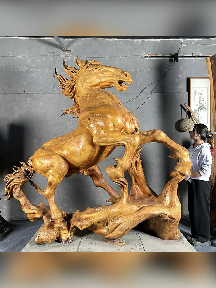 公司貨 免運可開票 支援定製 香樟木木雕生肖馬擺件實木馬到成功公司開業別墅裝飾根雕工藝品根雕源頭 來圖定製