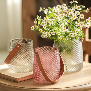 鉆石皮革手提水桶包包玻璃花器灰色/粉色菱格紋理透明花瓶擺件