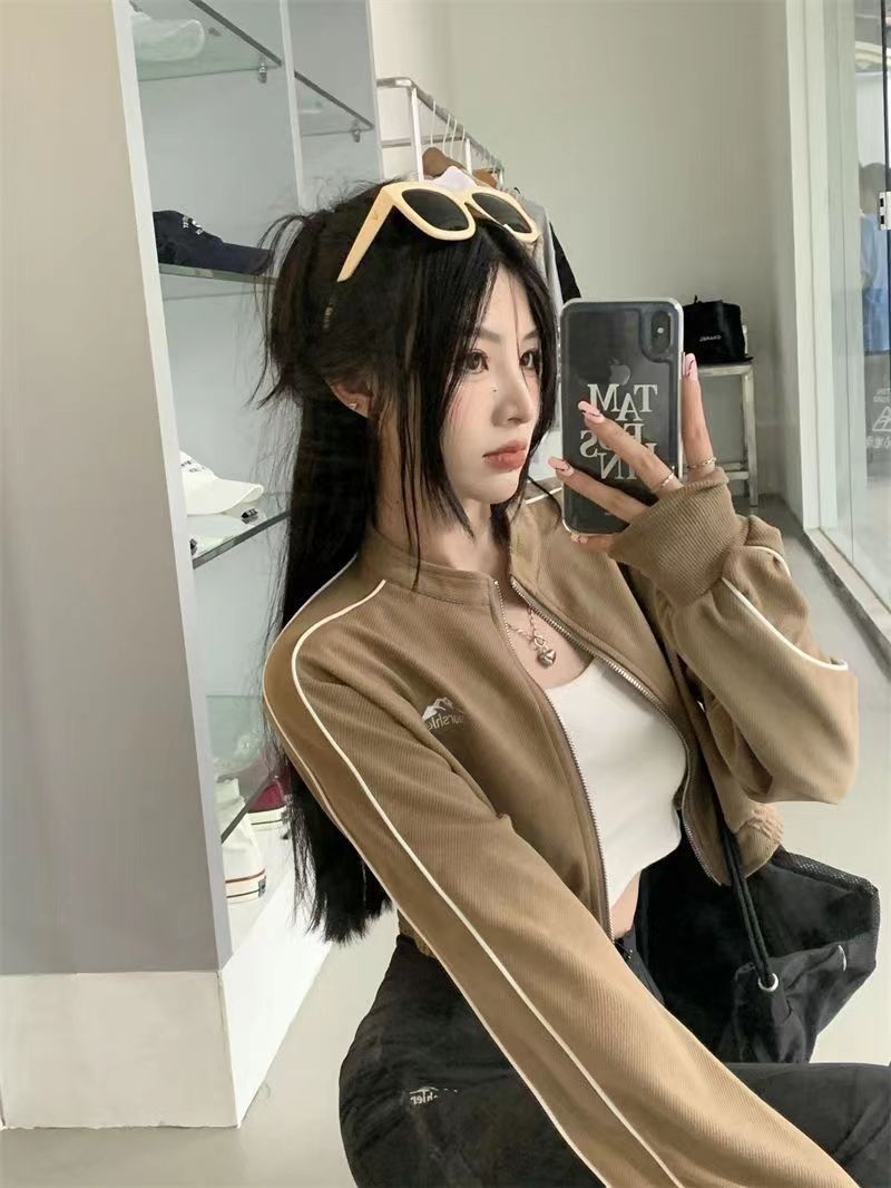 短款外套長袖外套運動外套女辣妹修身休閒美式正肩上衣拉鏈開衫衣秋季
