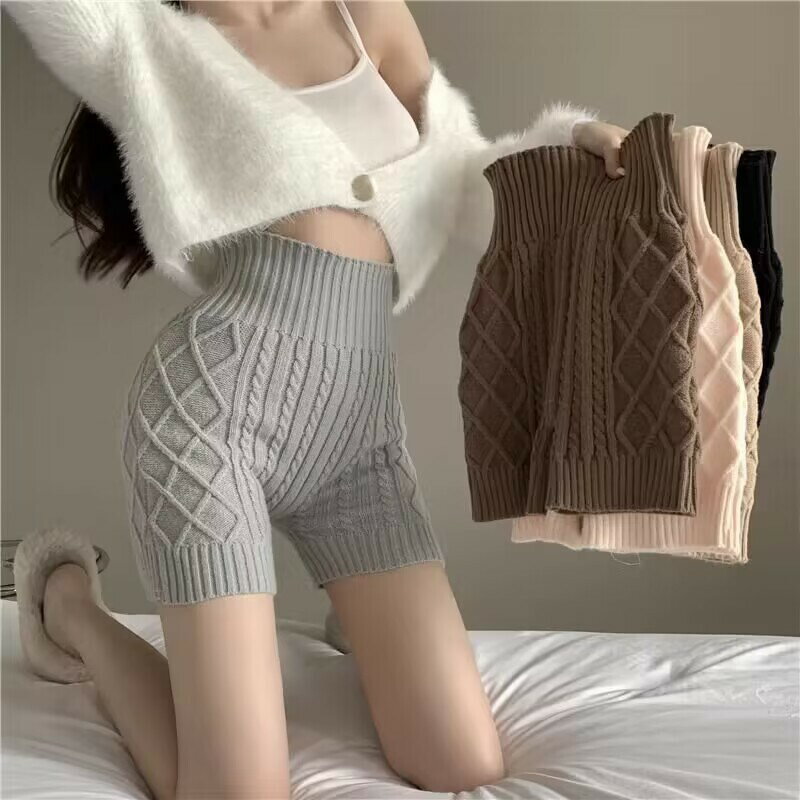 FUXI 針織短褲女 保暖短褲 睡褲 防走光內搭褲 高腰彈力安全褲 睡眠暖宮護臀褲 打底褲 毛線褲 女生褲子 短褲