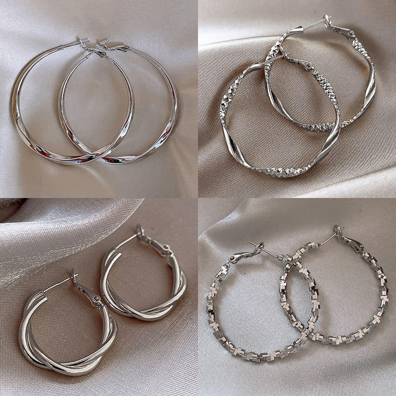 高級感銀色系 不對稱圓圈系列耳環4入組