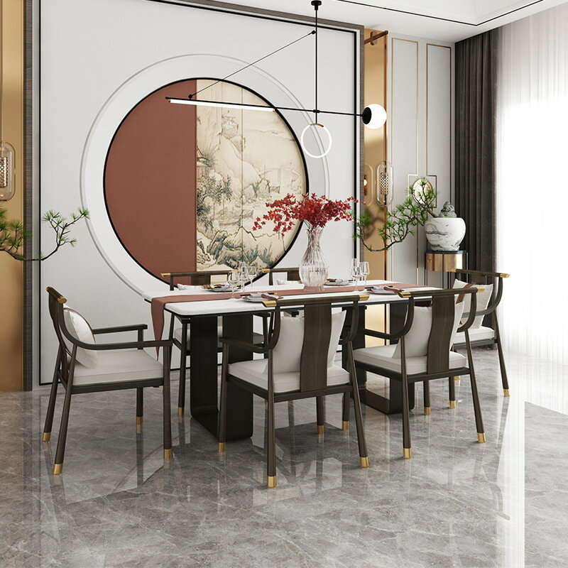 餐桌 新中式餐桌椅實木大理石組合家用長方形飯桌餐椅家具