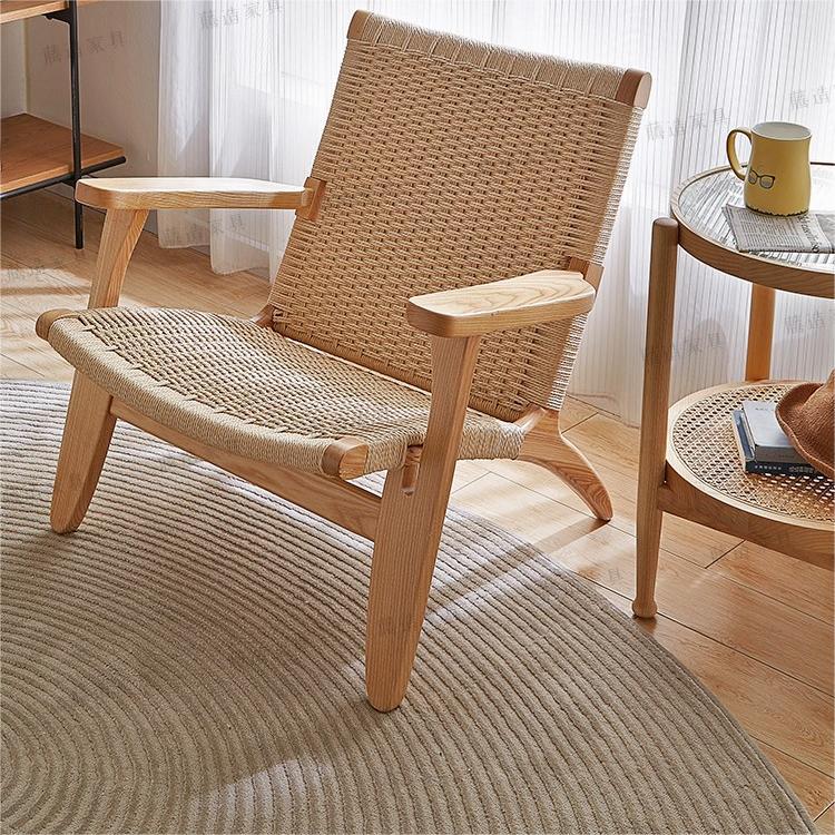 北歐實木繩編懶人沙發椅客廳咖啡廳民宿休閒靠背椅子家用讀書椅子 2