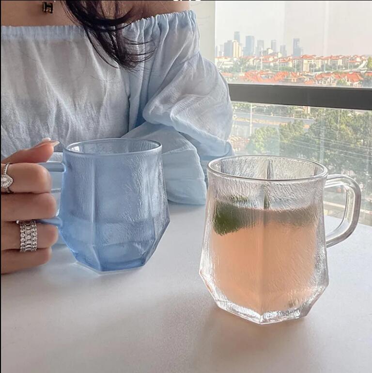 磨砂冰川紋玻璃杯辦公室家用女帶把手喝水杯子咖啡杯【繁星小鎮】P