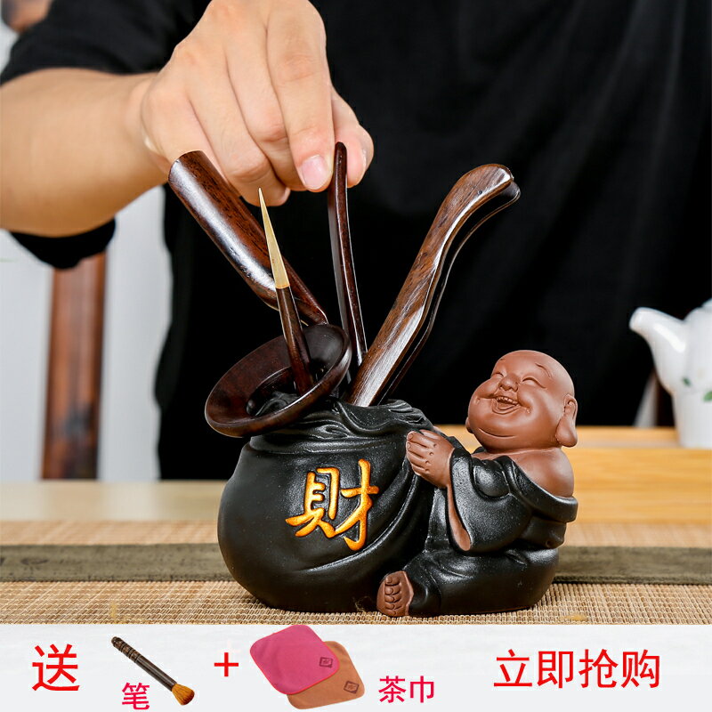創意紫砂小和尚茶道六君子黑檀實木功夫茶具零配件茶夾針套裝茶藝1入