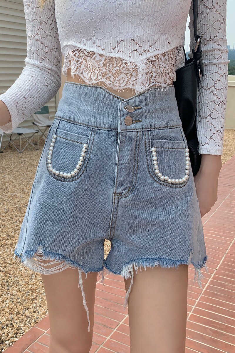 高腰a字短褲女夏辣妹珍珠破洞牛仔褲女夏薄款寬松熱褲顯瘦褲子潮