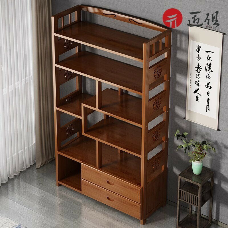 【匠俱】多層客廳實木書架 新中式博古架 置物架 靠墻落地傢用書櫃 辦公室隔斷收納架 屏風隔斷組合 鏤空展示架