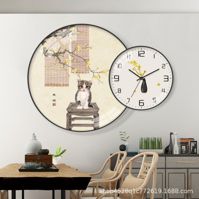 新中式餐廳裝飾畫鐘表掛鐘靜音時鐘掛墻圓形飯廳掛畫客廳壁畫