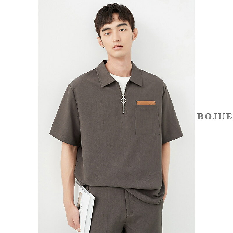 半拉鏈高級感POLO衫男短袖夏季薄款新款韓版寬松廓形翻領襯衫上衣