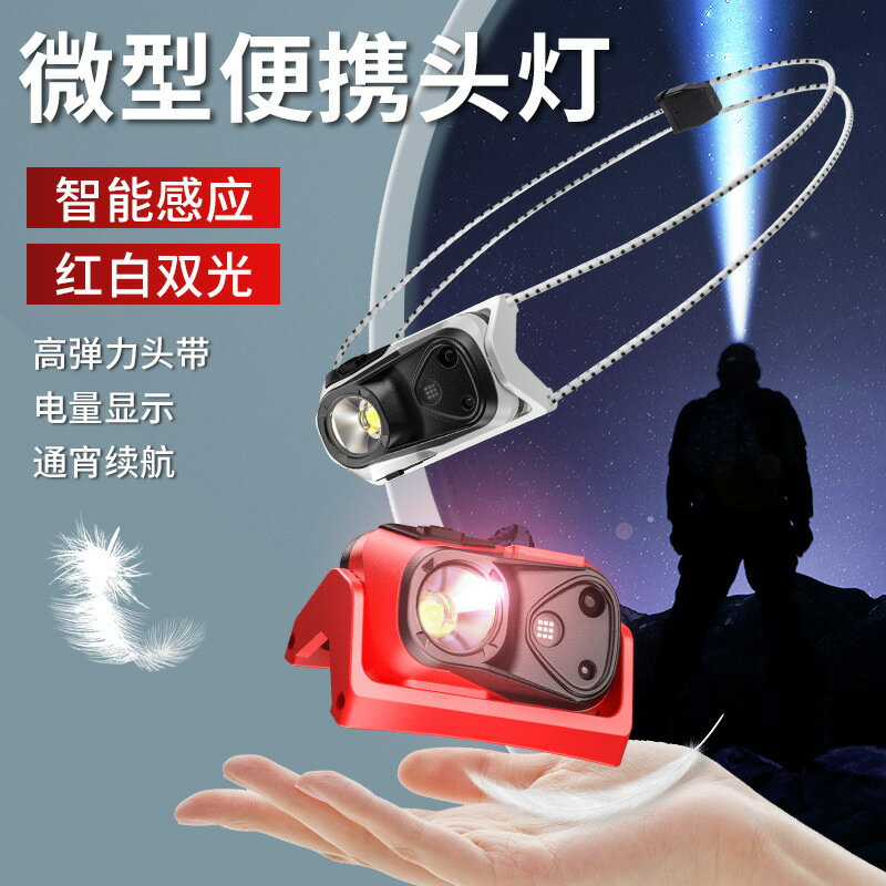 強光感應LED頭燈迷你行動式USB充電戶外照明跑步釣魚探險