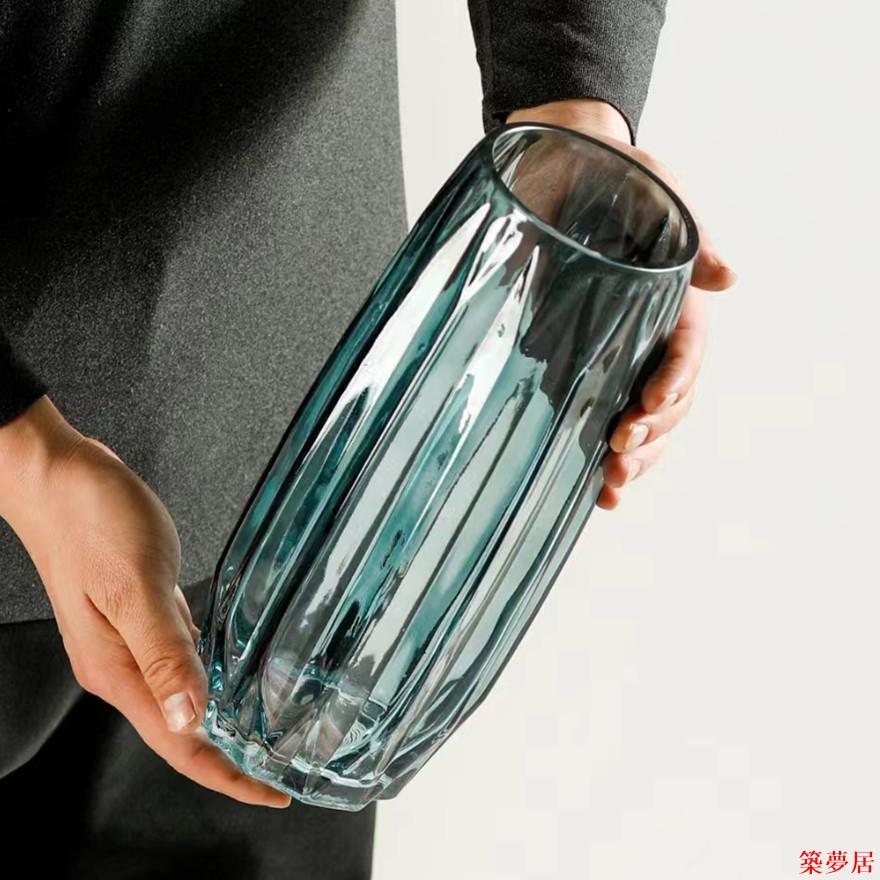 免運 公司貨 附發票 花瓶 玻璃花瓶 花器 插花花瓶 簡約豎稜玻璃花瓶創意彩色透明百合花器客廳大號水養插花擺件臺面