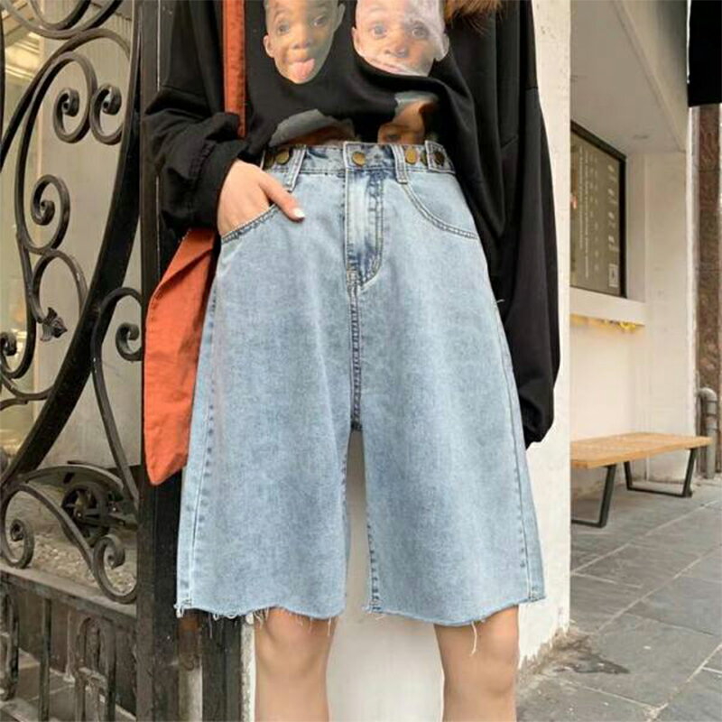 高腰闊腿牛仔褲女夏季韓版港風垂感直筒顯瘦寬松薄款五分中褲