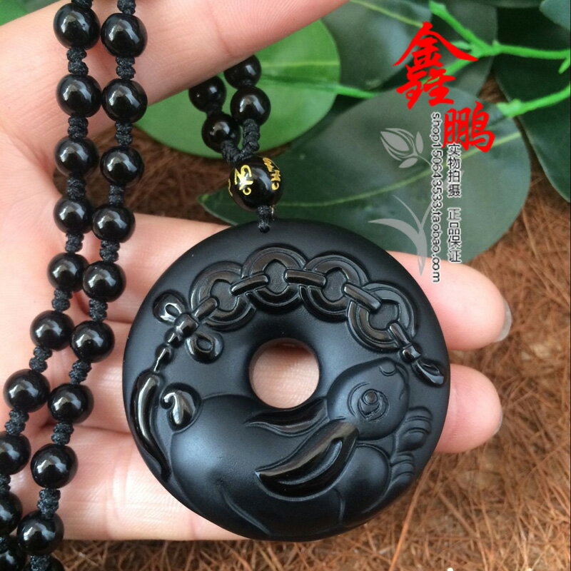 天然冰種黑曜石屬兔人年吉祥物吊墜鴻兔賜寶項墜項鏈 7