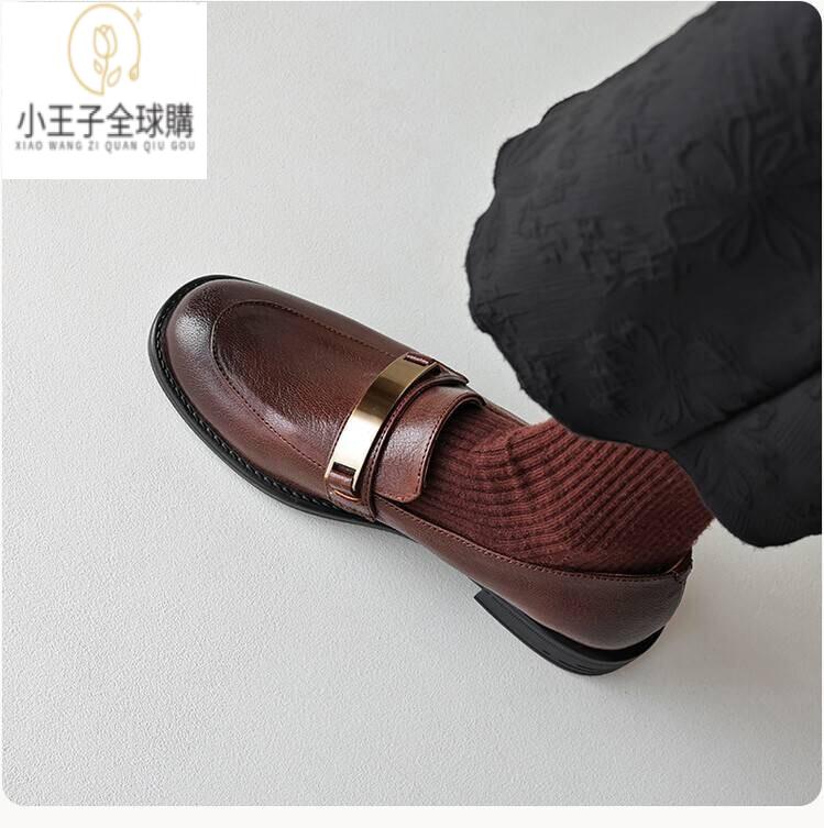 【公司現貨速發】免運 開發票 小短靴 堆堆靴 真皮女鞋 羊皮鞋 小皮鞋 樂福鞋復古到底～高品質樂福鞋頭層牛皮淺口單鞋金屬扣復古牛皮單鞋 定製