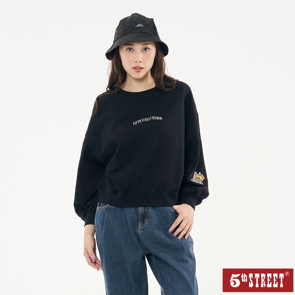 女裝 大學T 長袖 上衣 t恤 繡花 雪山怪 黑色 (561005)【5th STREET】【APP下單享4%回饋】