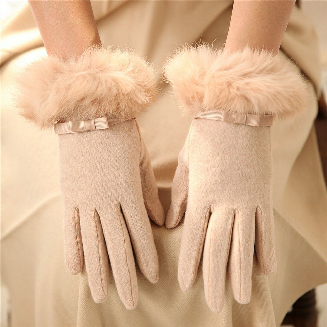 兔毛手套純色保暖蝴蝶結毛口針織羊毛分指加厚女士手套1入