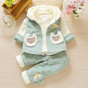 女寶寶春秋款夾棉套裝01-2-3歲新生嬰幼兒薄棉外出衣服加厚三件套