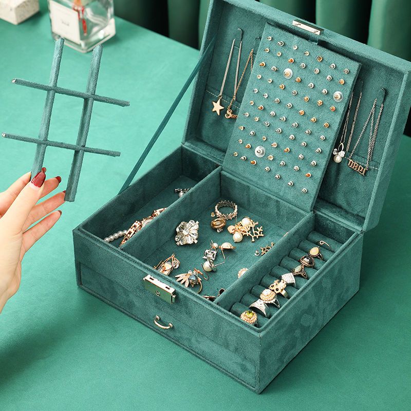 首飾盒 收納盒 絨布雙層帶鎖飾品盒 耳釘耳環首飾盒 耳飾盒 手飾品收納盒 簡約大容量