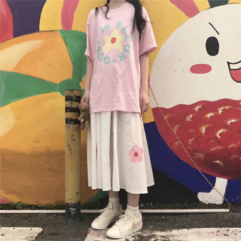 ins超火的半身裙夏季韓國甜美花朵高腰中長裙女+字母印花短袖T恤1入